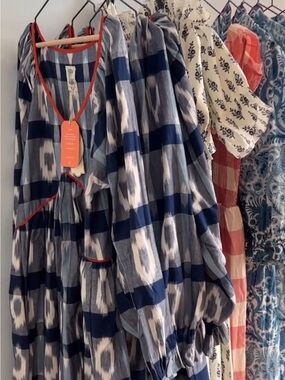 Blue Patterned Maxi Dress with Orange Trim